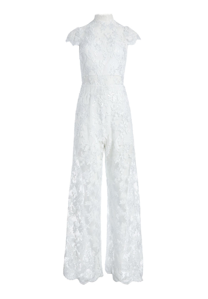 ALAINA BEADED MOCK NECK JUMPSUIT - WHITE