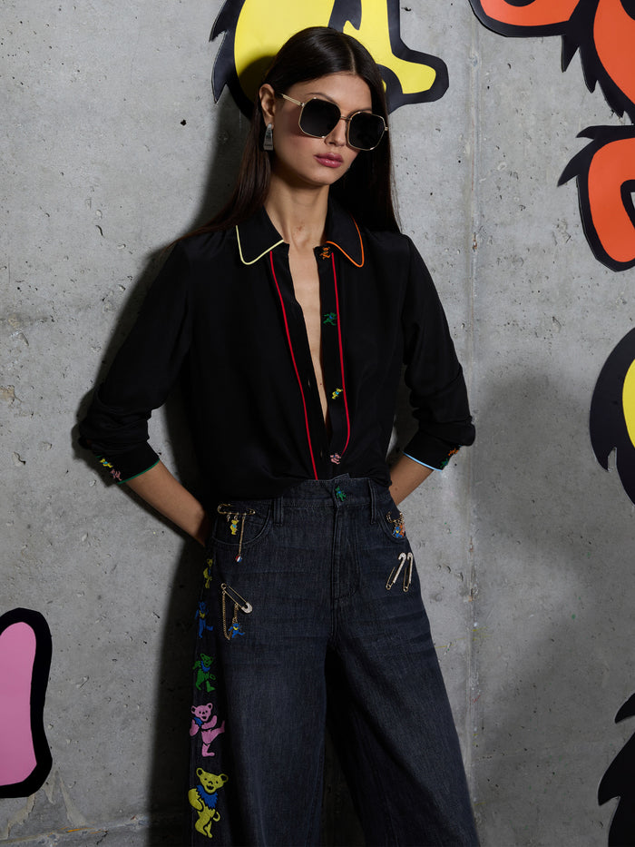 A+O X GRATEFUL DEAD WILLA BLOUSE - BLACK/MULTI