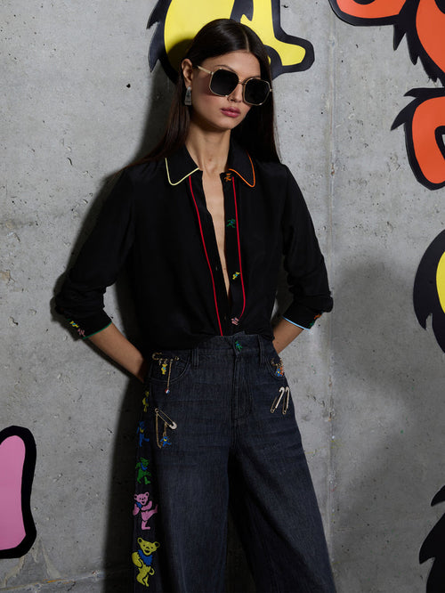 A+O X GRATEFUL DEAD WILLA BLOUSE - BLACK/MULTI