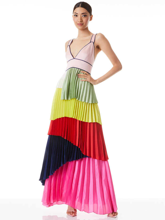 A+O X KIDSUPER MAISIE PLEATED ASYMMETRICAL MAXI DRESS - MULTI