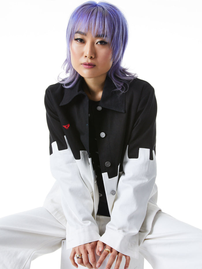 A+O X OVERT FRAN BOXY EMBROIDERED DENIM JACKET - BLACK/WHITE