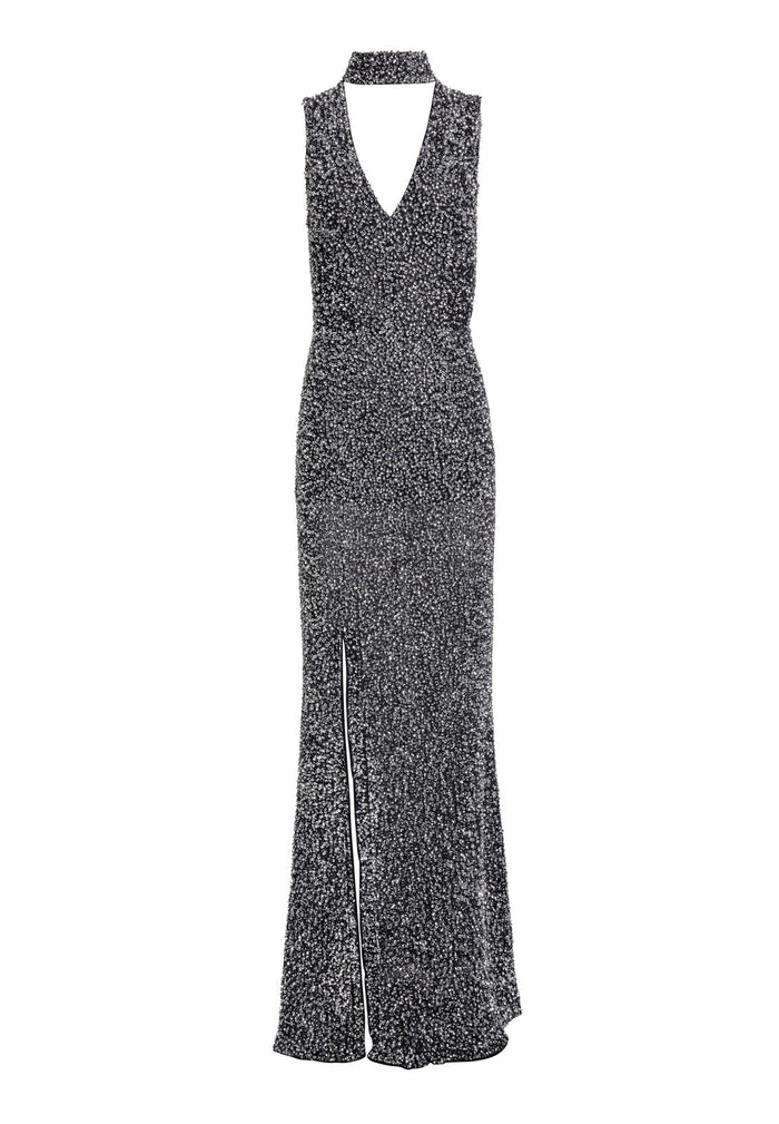ARIAL EMBELL SLVLSS V NK GOWN - SILVER