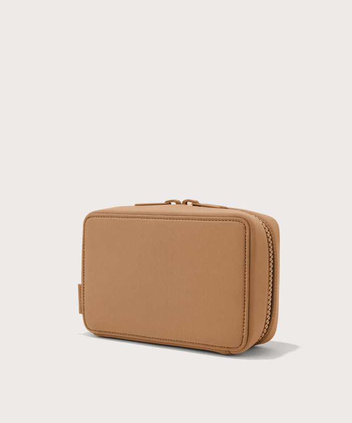 Dagne Dover large Arlo Tech Organizer in camel seen from an angle.