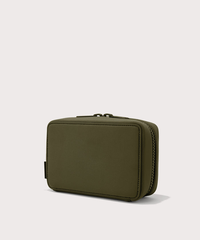Dagne Dover large Arlo Tech Organizer in dark green seen from an angle.