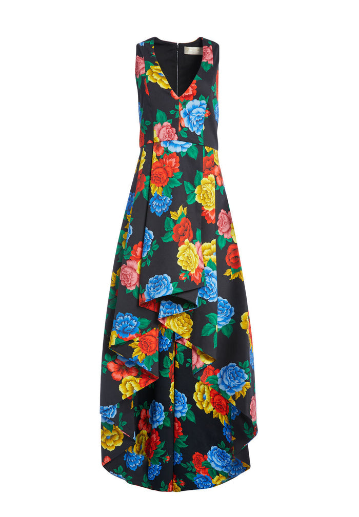 AVEENA V NECK FLARE GOWN - CAMELLIA BOUQUET BLK/MULTI