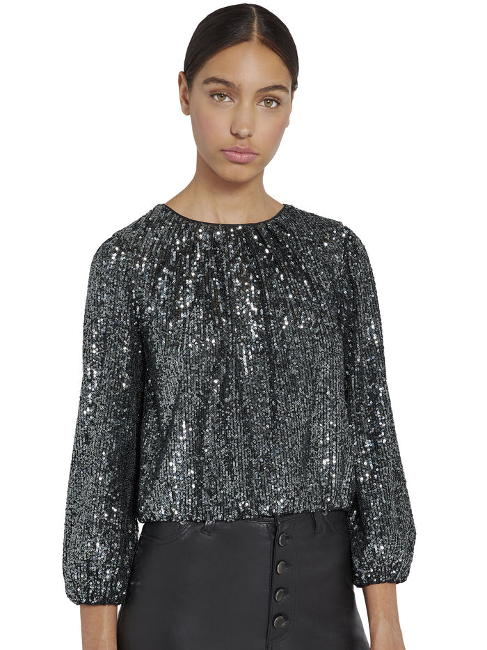 AVILA SEQUIN CREW NECK TOP - GUNMETAL