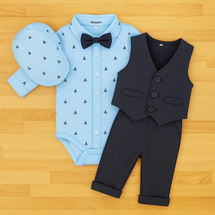 Baby Boy Blue Tuxedo 4pcs Formal Wear Outfit