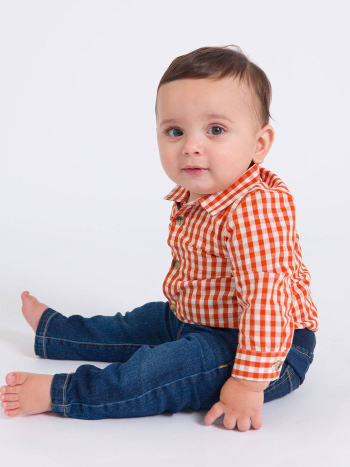 Baby Boys Classic Rust Gingham Long Sleeve Button Down Bodysuit