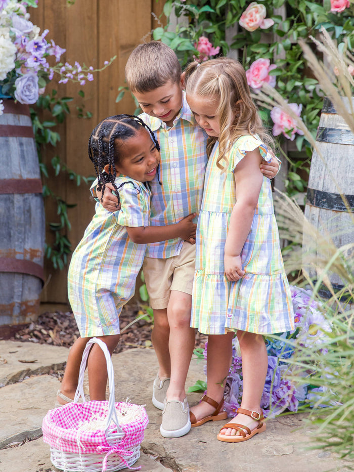 Baby Boys Clubhouse Rainbow Plaid Short Sleeve Woven Button-Up Romper