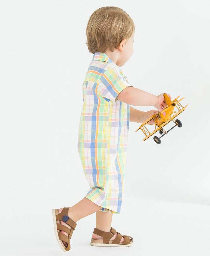 Baby Boys Clubhouse Rainbow Plaid Short Sleeve Woven Button-Up Romper