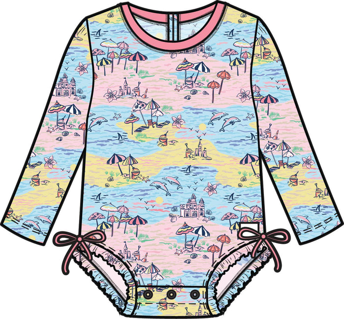 Baby Girls Beach Day Long Sleeve One Piece Rash Guard Swimsuit with Signature Rear Ruffles
