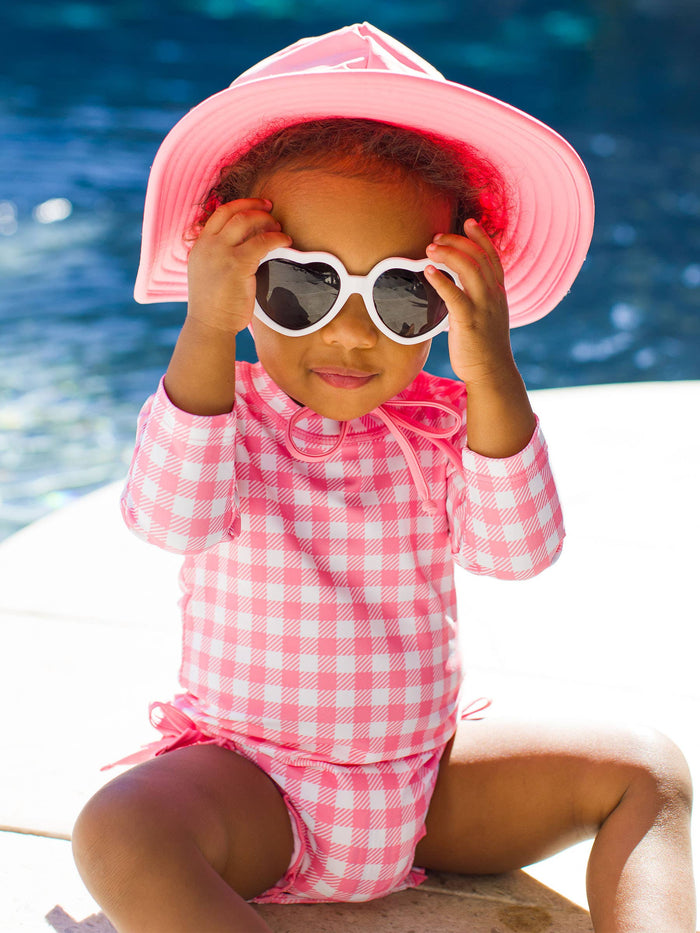 Baby Girls Bubblegum Gingham Long Sleeve One Piece Rash Guard Swimsuit with Signature Rear Ruffles