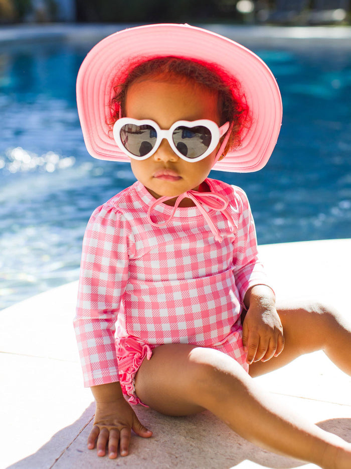 Baby Girls Bubblegum Gingham Long Sleeve One Piece Rash Guard Swimsuit with Signature Rear Ruffles