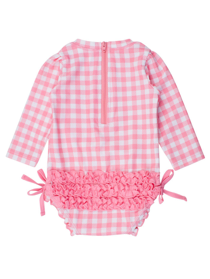 Baby Girls Bubblegum Gingham Long Sleeve One Piece Rash Guard Swimsuit with Signature Rear Ruffles