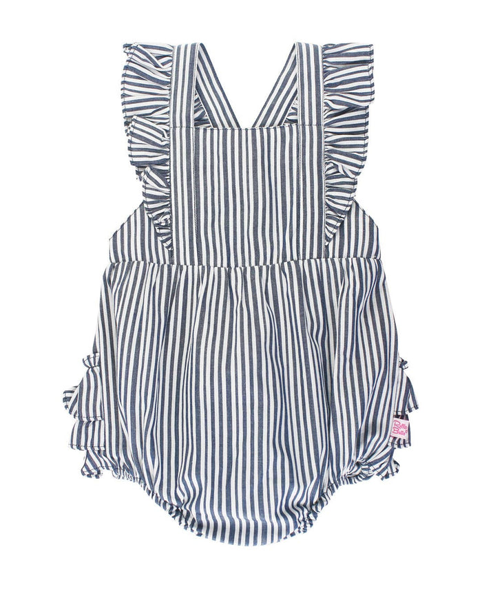 Baby Girls Dark Navy Micro Stripe Pinafore Cross-Back Woven Romper