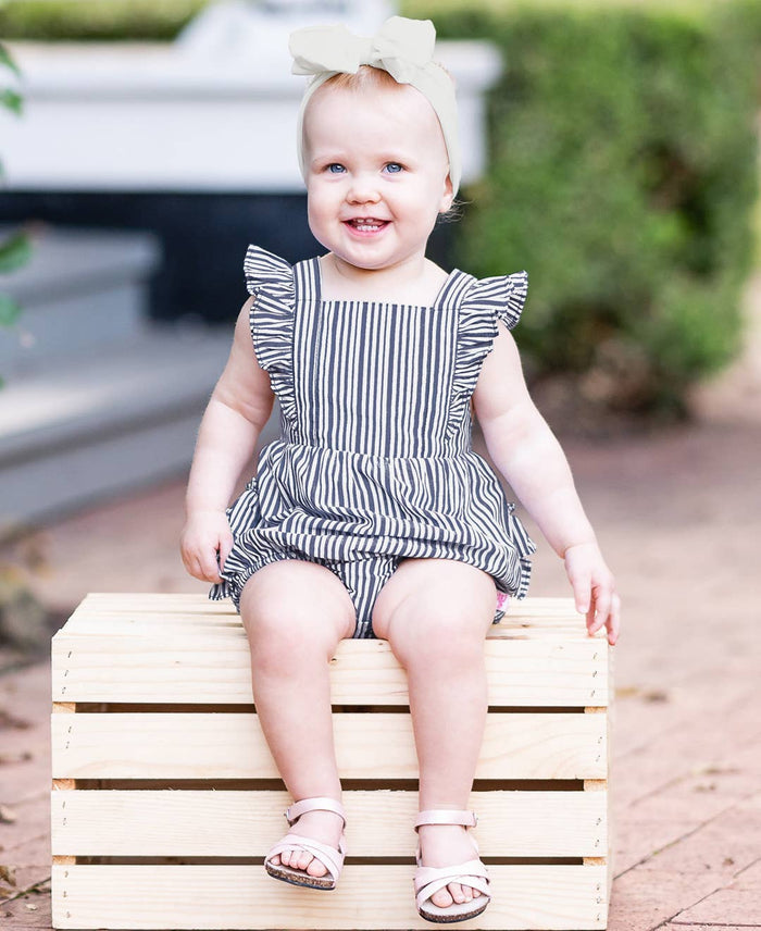 Baby Girls Dark Navy Micro Stripe Pinafore Cross-Back Woven Romper