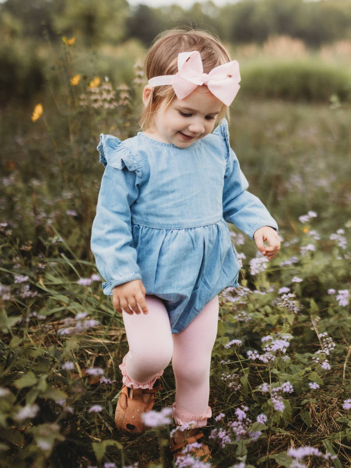 Baby Girls Light Wash Long Sleeve Flutter Bubble Romper