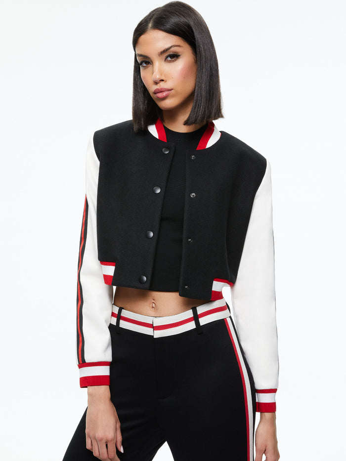 BARTON CROPPED VEGAN LEATHER VARSITY JACKET - BLACK/WHITE