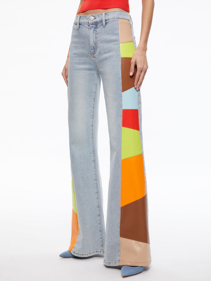 BEAUTIFUL VEGAN LEATHER PATCHWORK FLARE JEAN - ROCKSTAR BLUE / MULTI