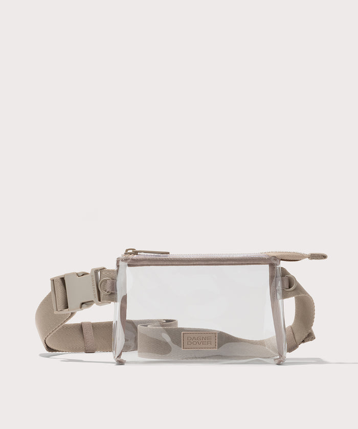 Clear crossbody bag with beige strap on a white background. Stadium compliant.