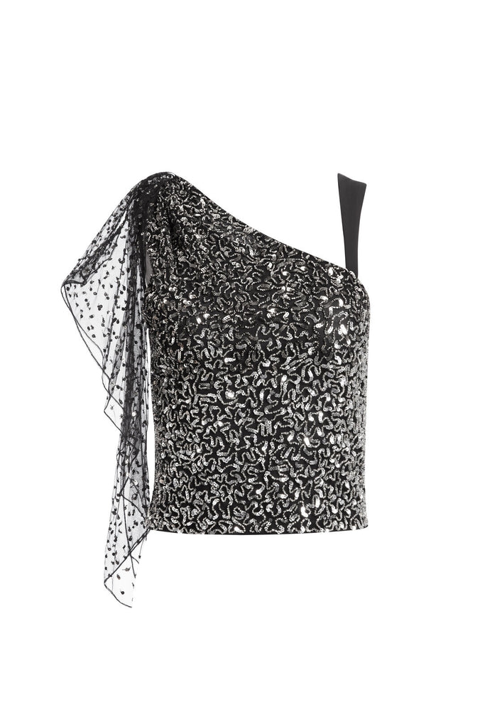 BLISS ASYMMETRICAL SEQUIN TOP - BLACK/SILVER