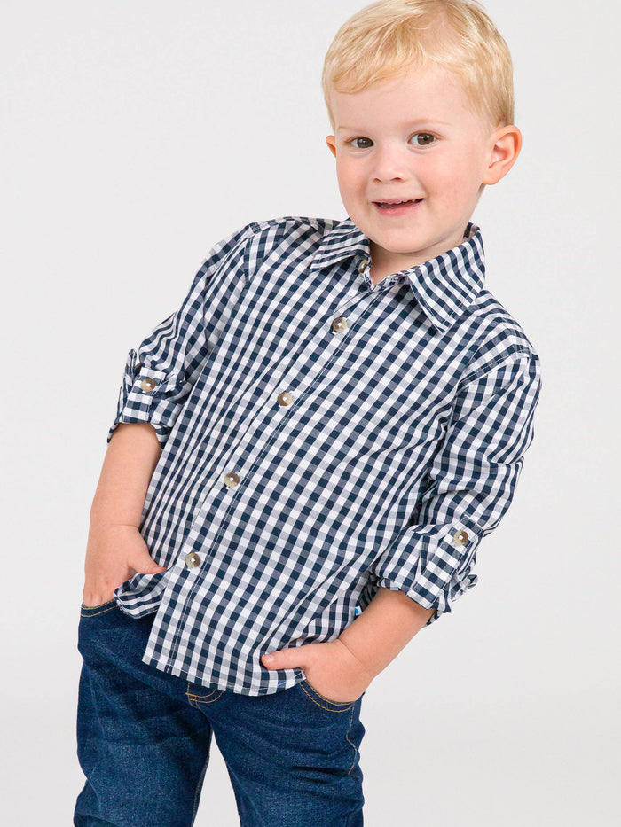 Boys Classic Dark Navy Gingham Long Sleeve Button Down Shirt