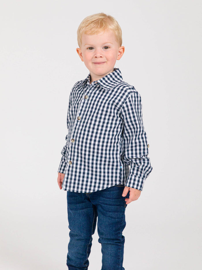 Boys Classic Dark Navy Gingham Long Sleeve Button Down Shirt