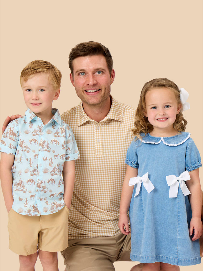 Boys Khaki Mini Gingham Knit Short Sleeve Performance Polo