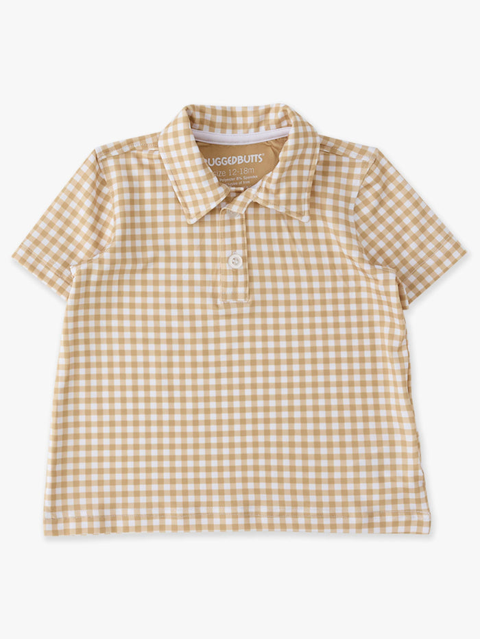 Boys Khaki Mini Gingham Knit Short Sleeve Performance Polo