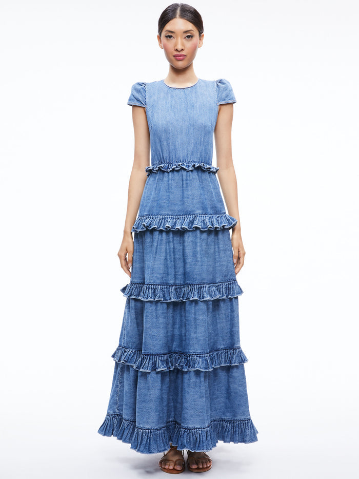 CADBY DENIM RUFFLED MAXI DRESS - IVY BLUE