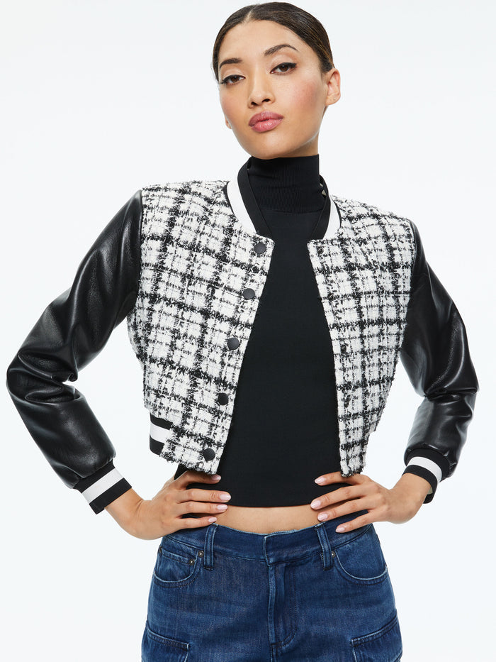 CAMELIA CROPPED COMBINATION VARSITY JACKET - OFF WHITE/BLACK