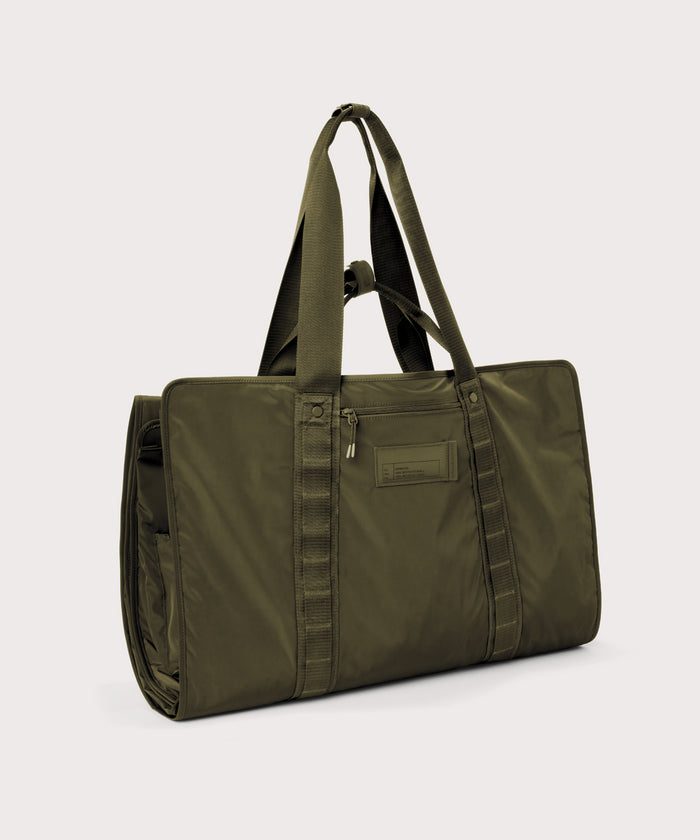 3/4 front view of Capri garment bag in dark moss