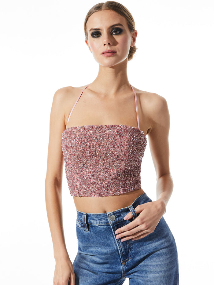 CERESI CRYSTAL EMBELLISHED HALTER NECK TOP - PETAL