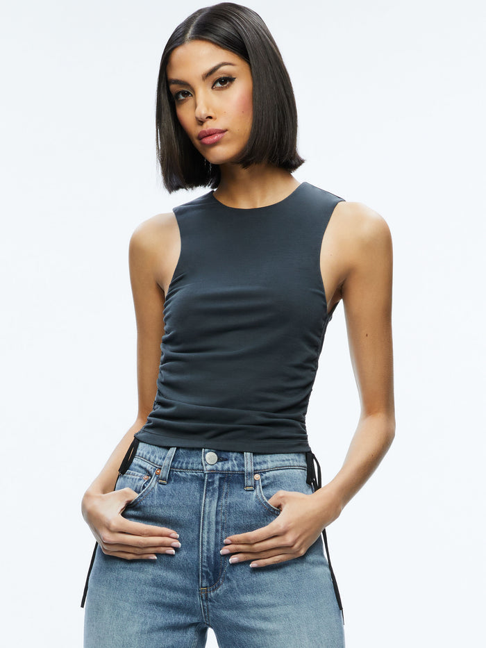 CHRISSY CREWNECK RUCHED CROP TOP - BLACK