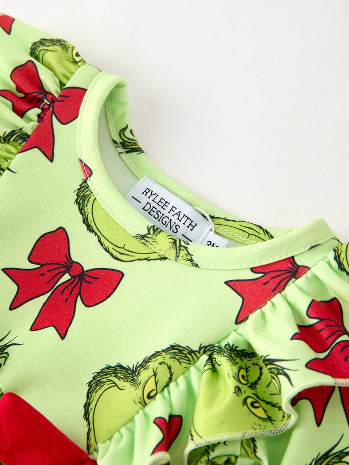 Christmas Baby Girls Romper with Character Print and Red Bows