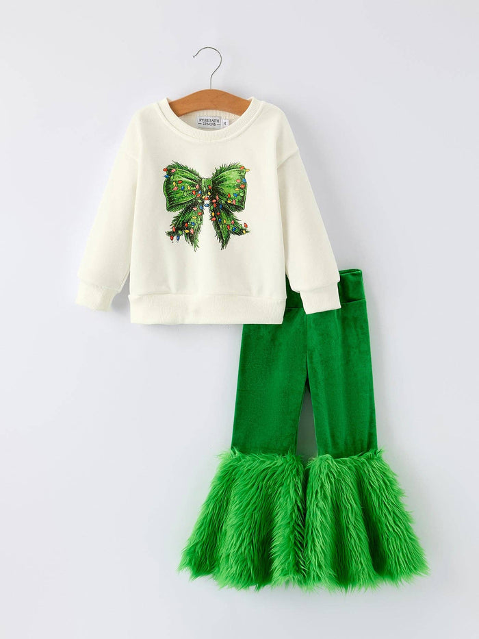 Christmas Bow Print Girls Outfit with Green Furry Bell Bottoms