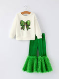 Christmas Bow Print Girls Outfit with Green Furry Bell Bottoms