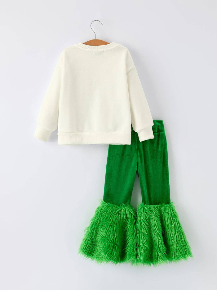 Christmas Bow Print Girls Outfit with Green Furry Bell Bottoms