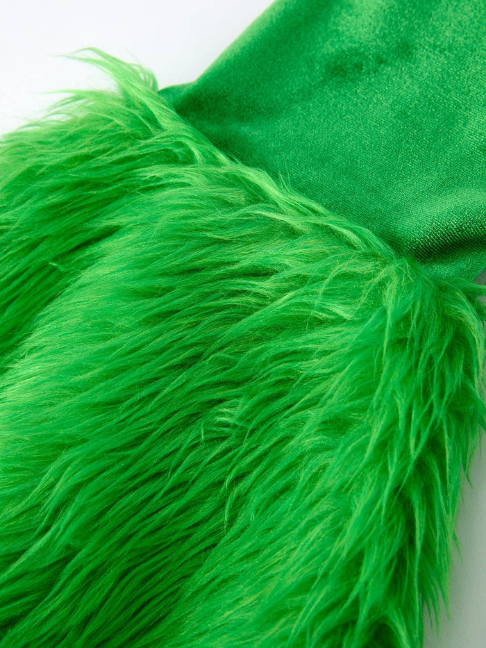 Christmas Bow Print Girls Outfit with Green Furry Bell Bottoms