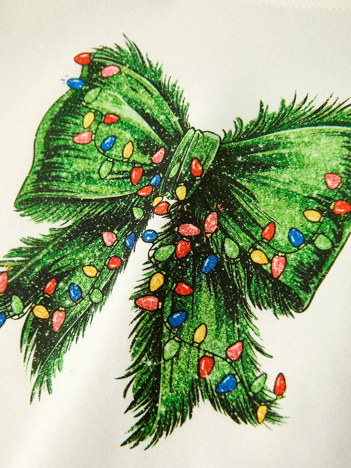 Christmas Bow Print Girls Outfit with Green Furry Bell Bottoms