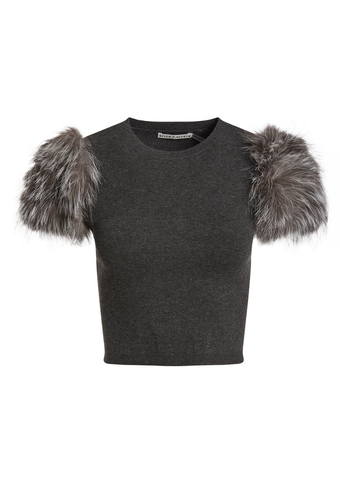 CIARA FUR SLV CROPPED SWTR - CHARCOAL