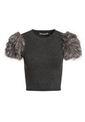 CIARA FUR SLV CROPPED SWTR - CHARCOAL
