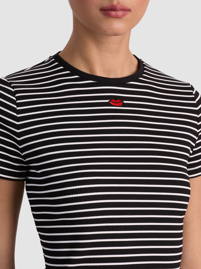 CINDY CROPPED TEE - BLACK/OFF WHITE STRIPE