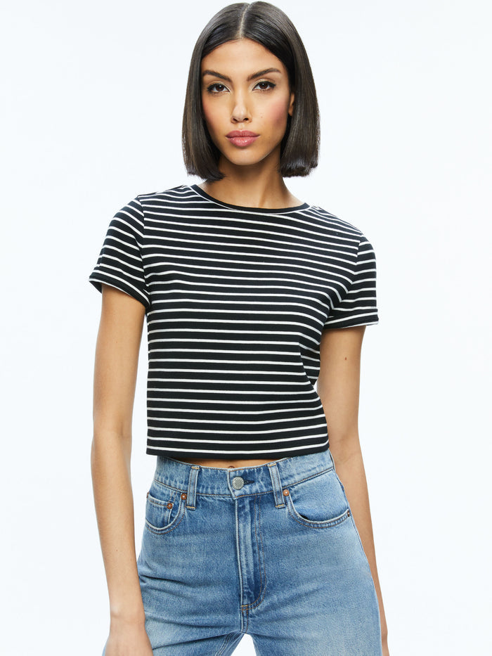 CINDY CROPPED TEE - BLACK/OFF WHITE STRIPE