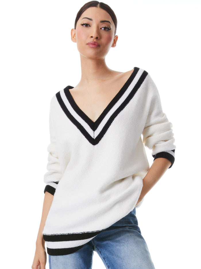 CLEMENT V-NECK VARSITY STRIPE PULLOVER - ECRU/BLACK