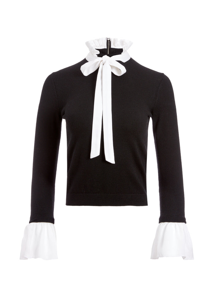 CORNELIA TIE NECK PULLOVER - BLACK/SOFT WHITE COMBO