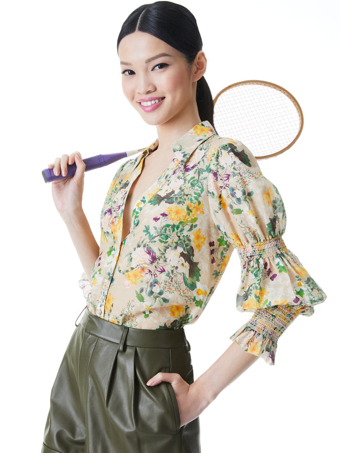 COSIMA FLORAL BUTTON DOWN BLOUSE  - ROMANCE ALMOND