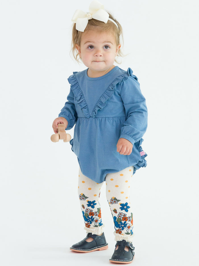 Countryside Blue Knit Long Sleeve V-Ruffle Bubble Romper