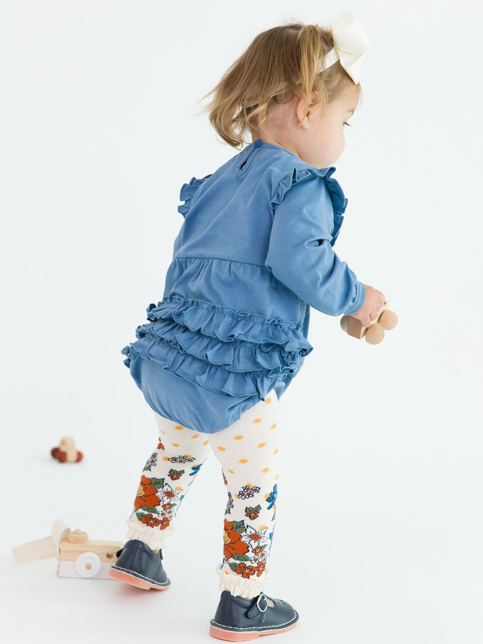 Countryside Blue Knit Long Sleeve V-Ruffle Bubble Romper