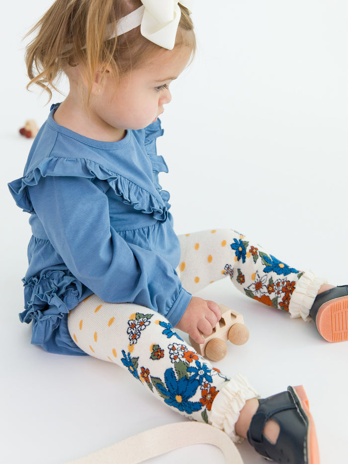 Countryside Blue Knit Long Sleeve V-Ruffle Bubble Romper